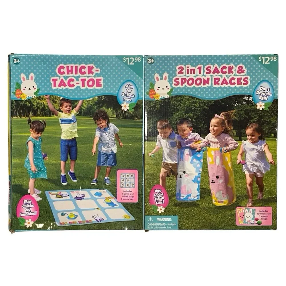 2x Easter Family Fun Activity For Kids Chick-TacToe and 2in1 Sack and Spoon Race